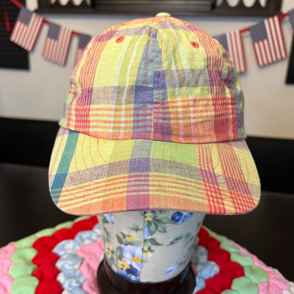 Cambridge Dry Goods Vintage Colorful Plaid Baseball Hat Leather Strap Adjusted